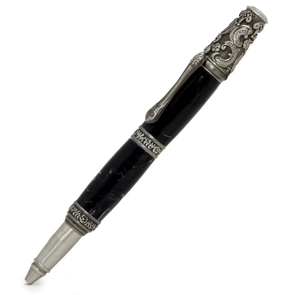 ART-PEN: Handcrafted Luxury Twist Pen - Ricco Deruta Design - Antique Pewter with Marble Acrylic Midnight body - artisticaitalian.com