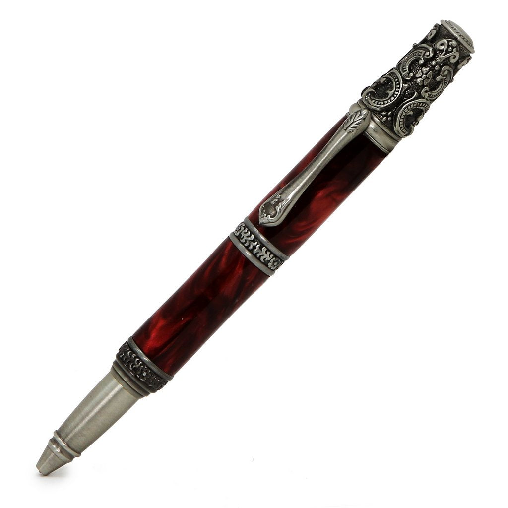 ART-PEN: Handcrafted Luxury Twist Pen - Ricco Deruta Design - Antique Pewter with Synthetic Burl Bright Red Acrylic body - artisticaitalian.com