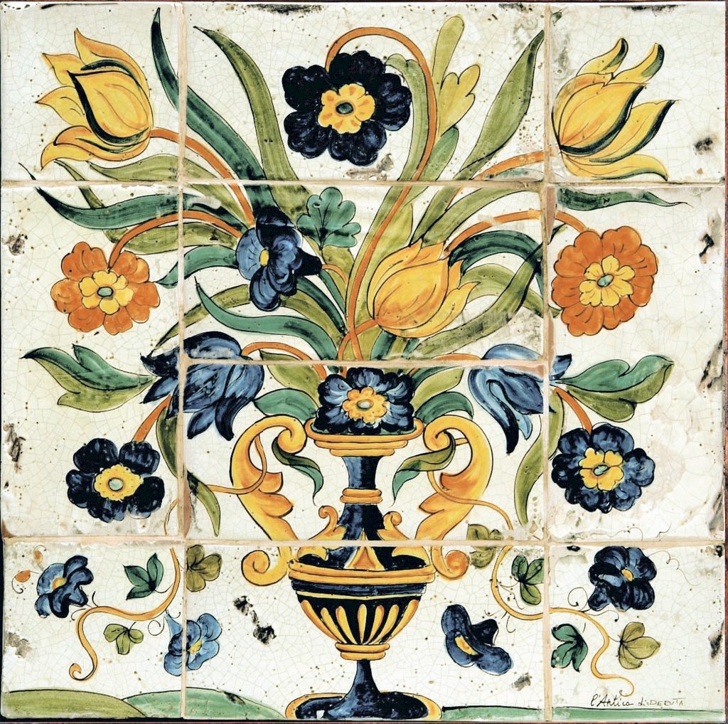 ANTICA DERUTA: WALL PANEL BACKSPLASH VASE OF FLOWER - artisticaitalian.com