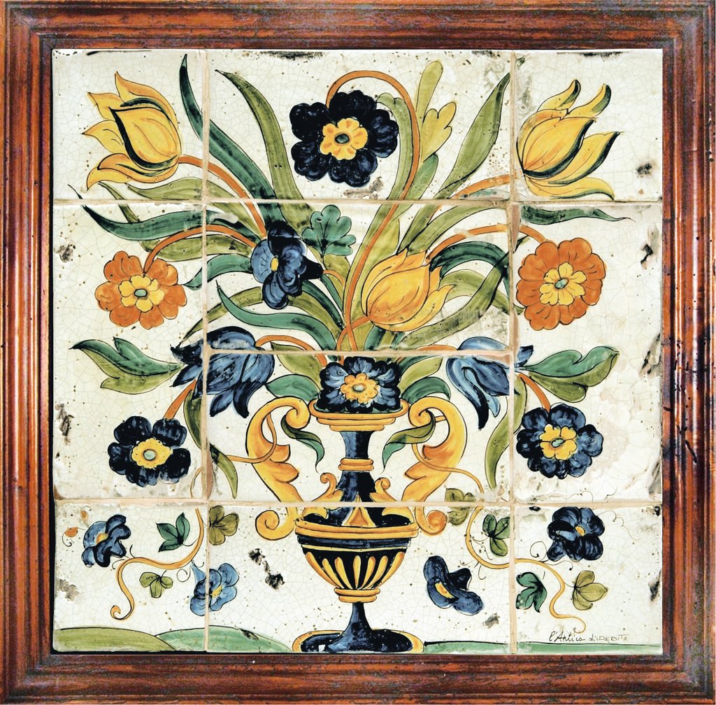 ANTICA DERUTA: Hand Painted Framed Ceramic Tiles Panel - Still Life - artisticaitalian.com