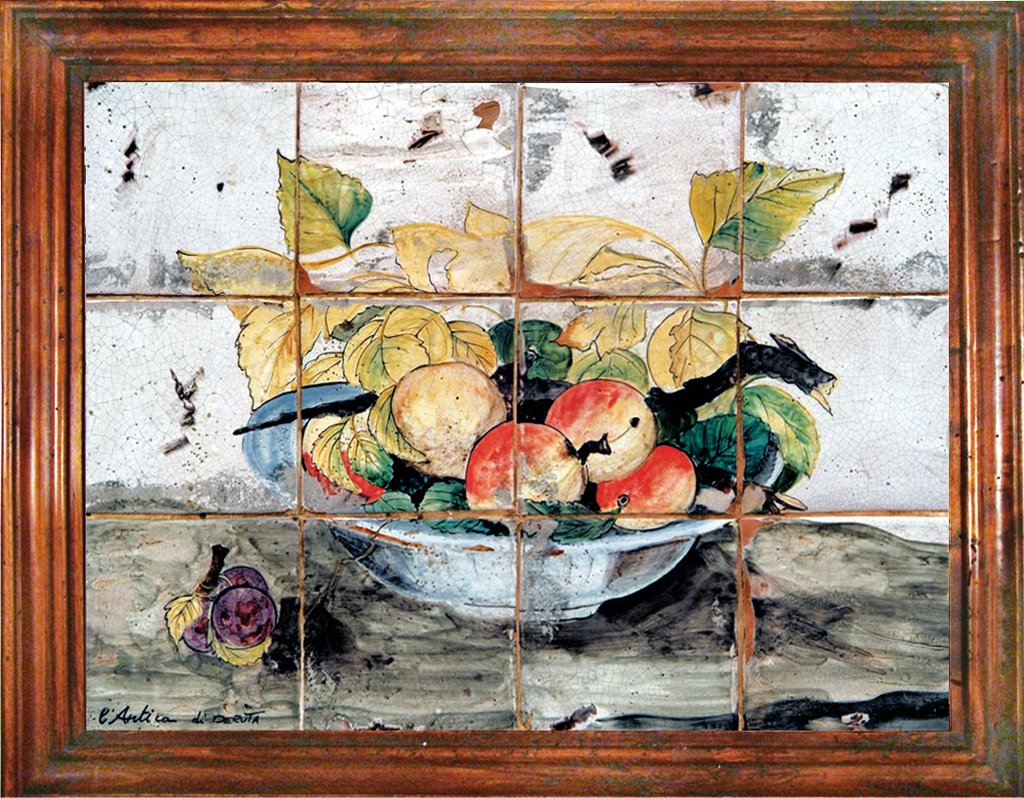 ANTICA DERUTA: Hand Painted Framed Ceramic Tiles Panel - Fruit on bowl - artisticaitalian.com