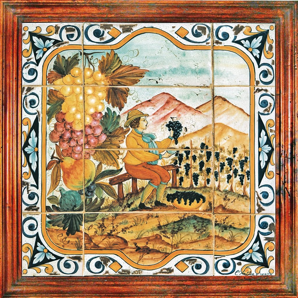 ANTICA DERUTA: Hand Painted Framed Ceramic Tiles Panel - Season AUTUMN - artisticaitalian.com