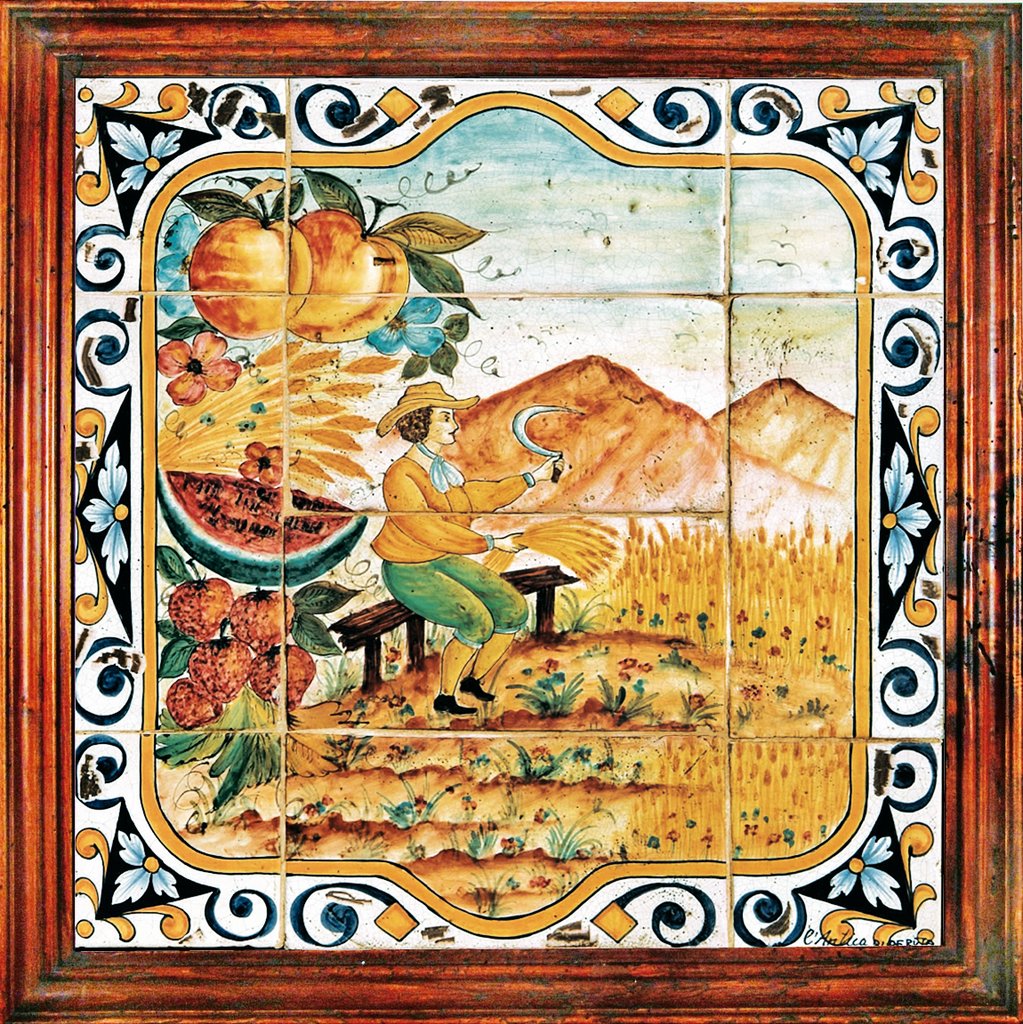 ANTICA DERUTA: Hand Painted Framed Ceramic Tiles Panel - Season SUMMER - artisticaitalian.com