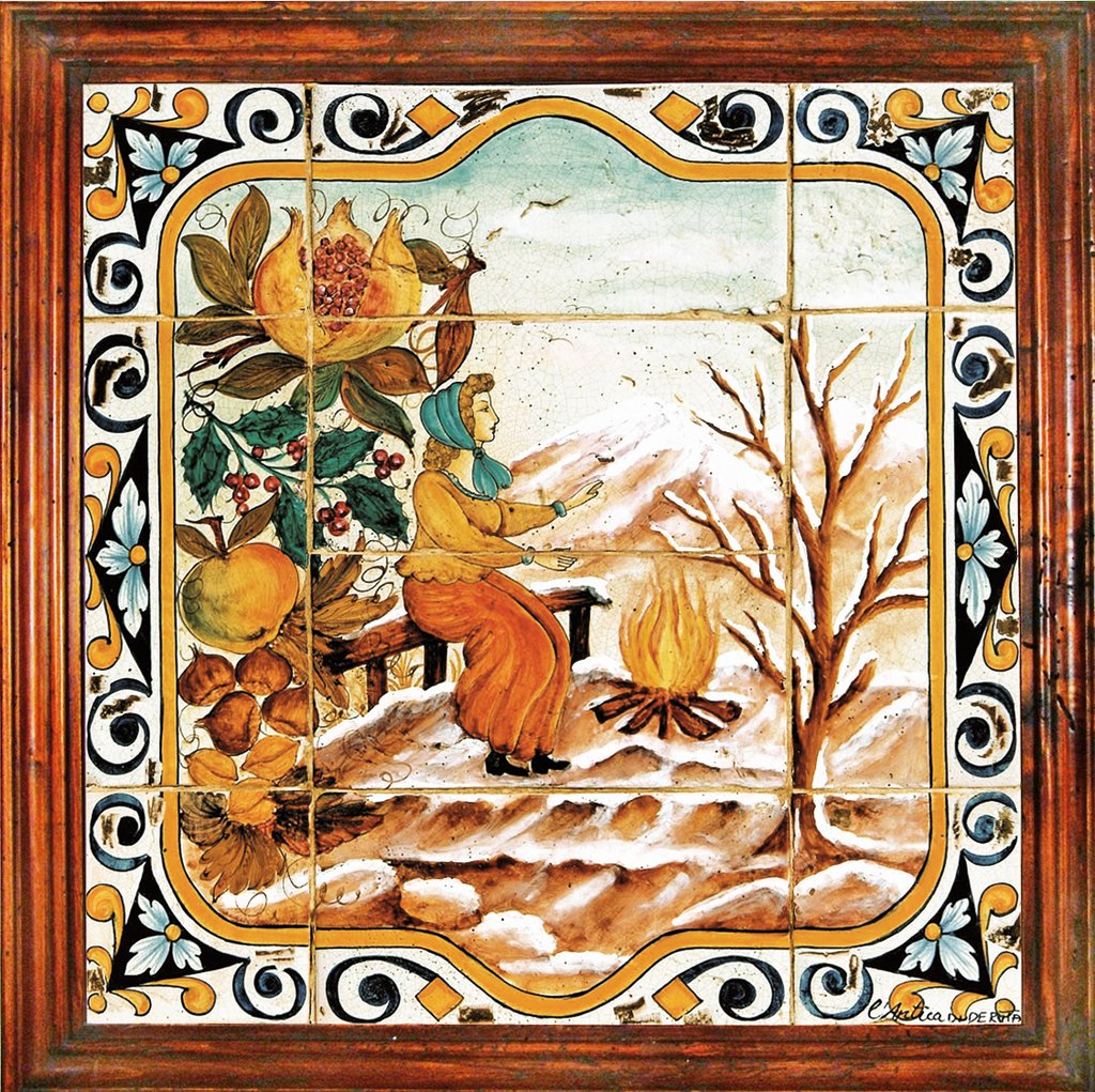 ANTICA DERUTA: Hand Painted Framed Ceramic Tiles Panel - Season WINTER - artisticaitalian.com