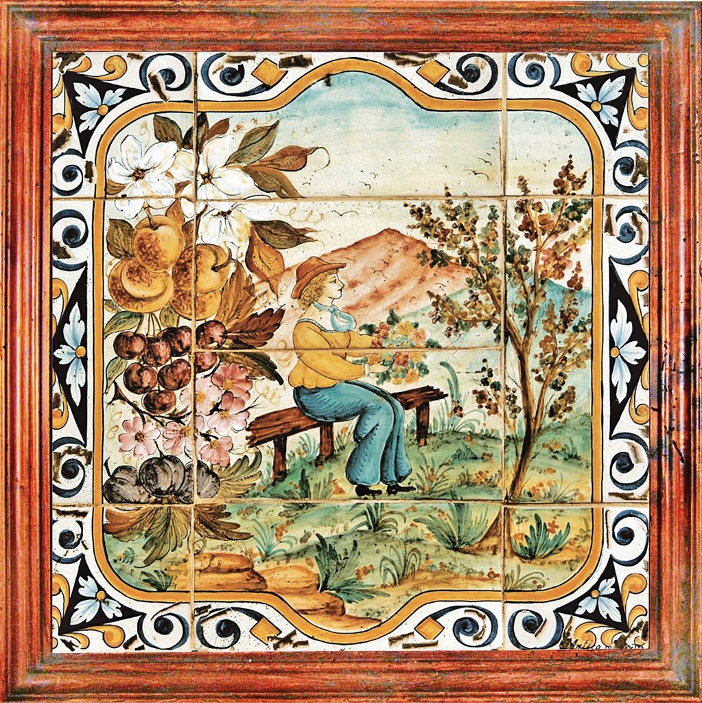 ANTICA DERUTA: Hand Painted Framed Ceramic Tiles Panel - Season SPRING - artisticaitalian.com