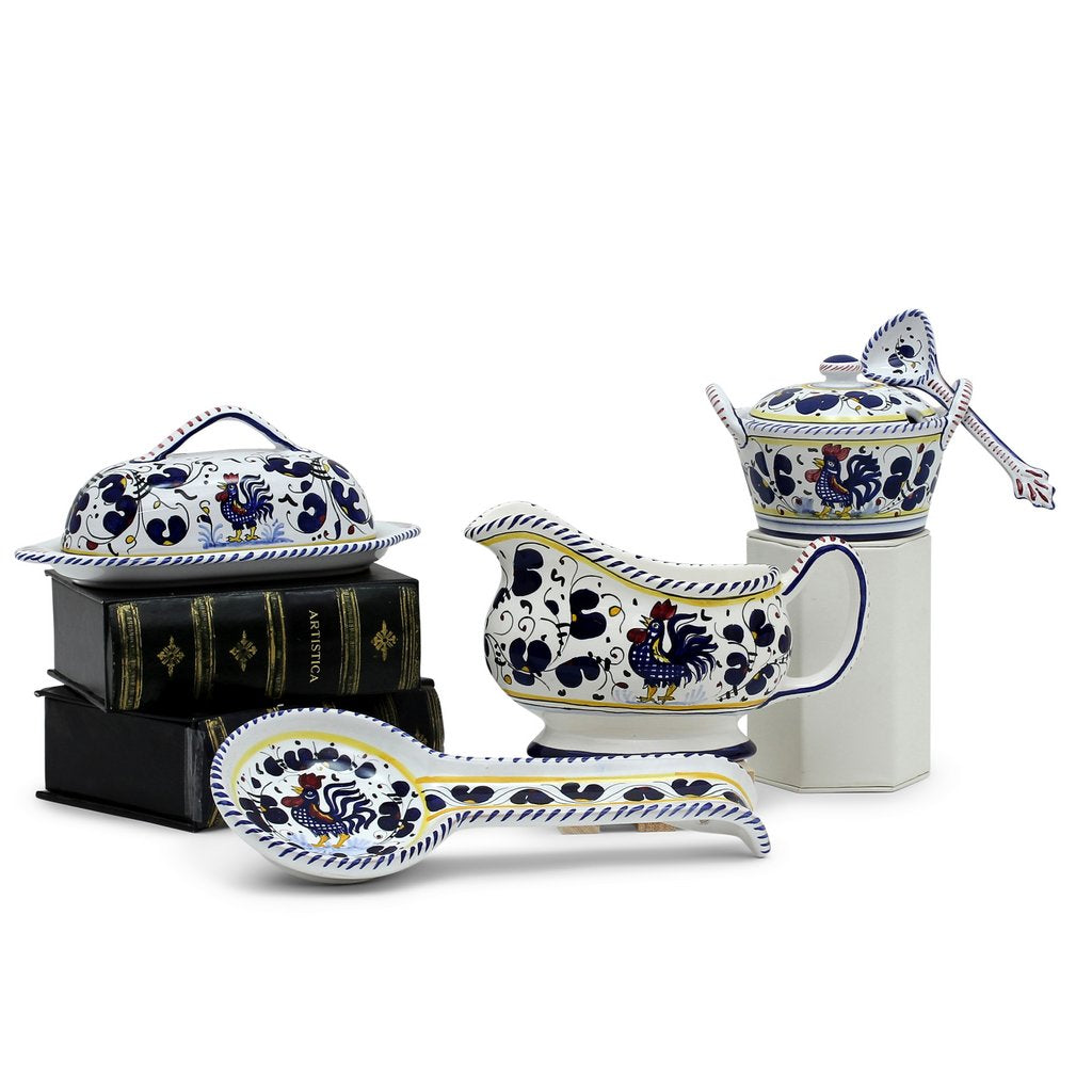 ORVIETO BLUE ROOSTER: Bundle with Butter Dish + Sauce Boat + Parmesan Bowl + Spoon Rest