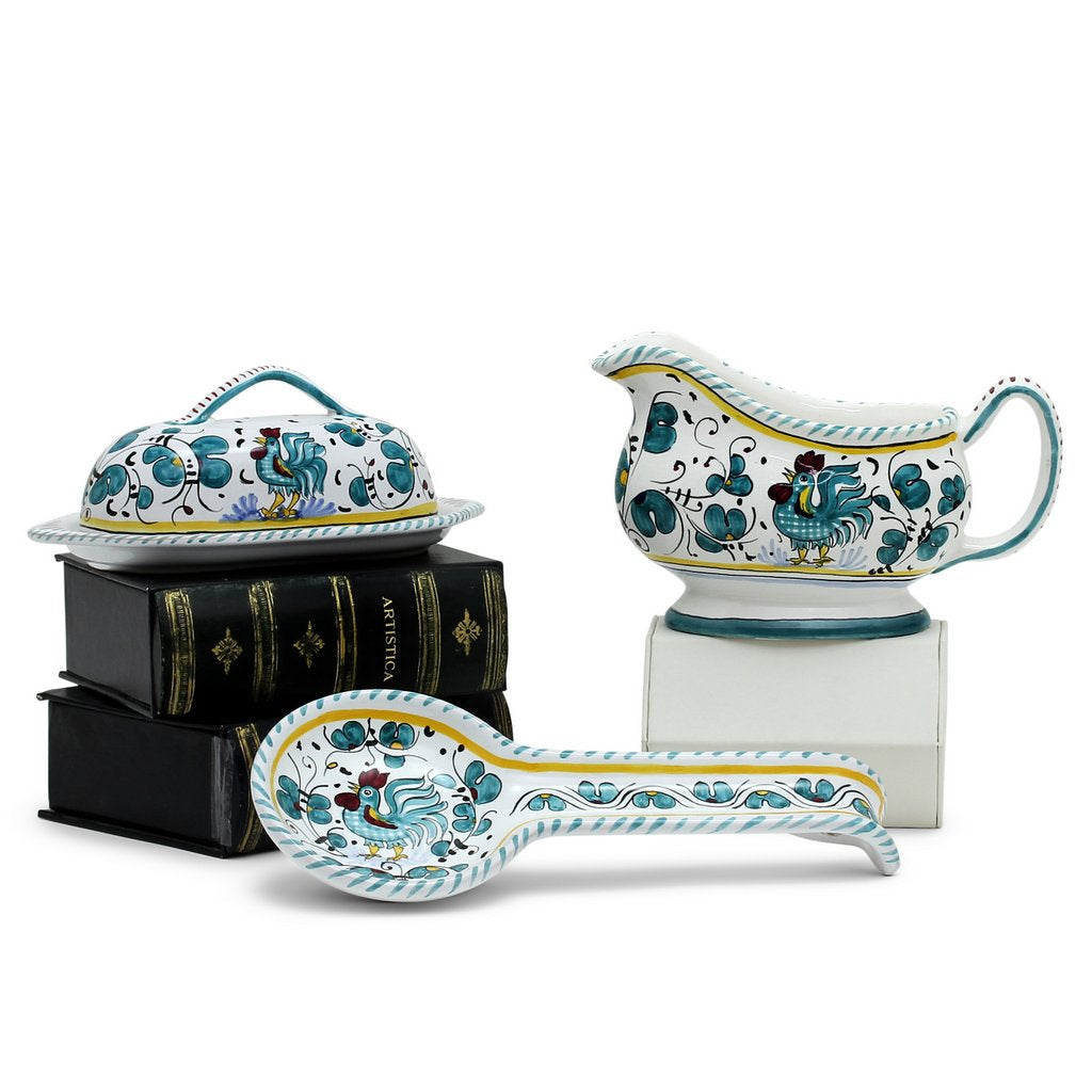 ORVIETO GREEN ROOSTER: Bundle with Butter Dish + Sauce Boat + Spoon Rest - artisticaitalian.com