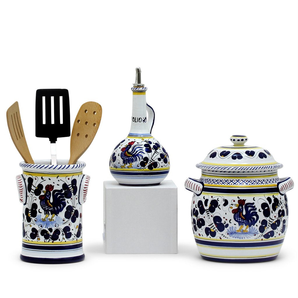 ORVIETO BLUE ROOSTER: Bundle with Utensil Holder + Olive Oil Dispenser + Biscotti Jar - artisticaitalian.com