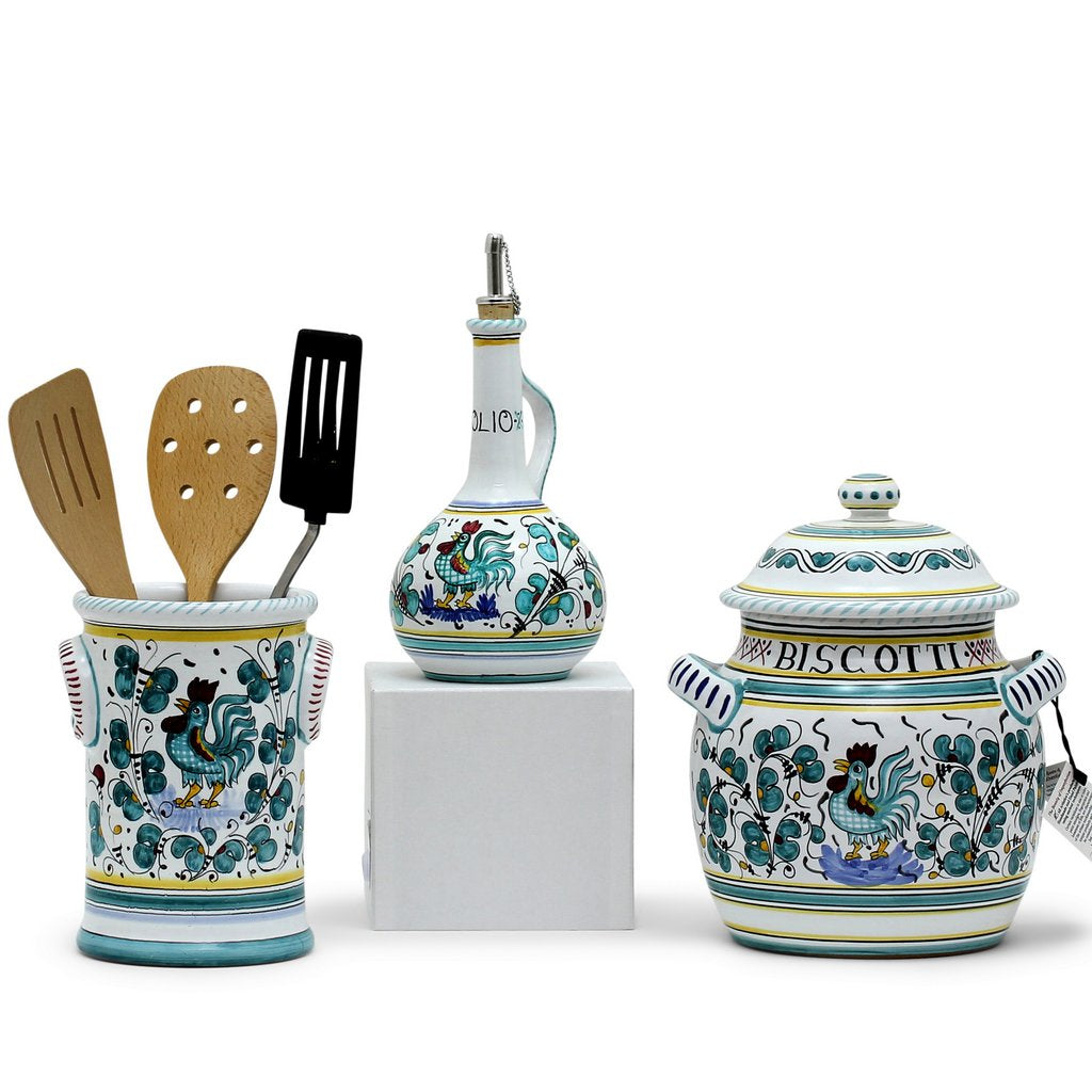 ORVIETO GREEN ROOSTER: Bundle with Utensil Holder + Olive Oil Dispenser + Biscotti Jar - artisticaitalian.com