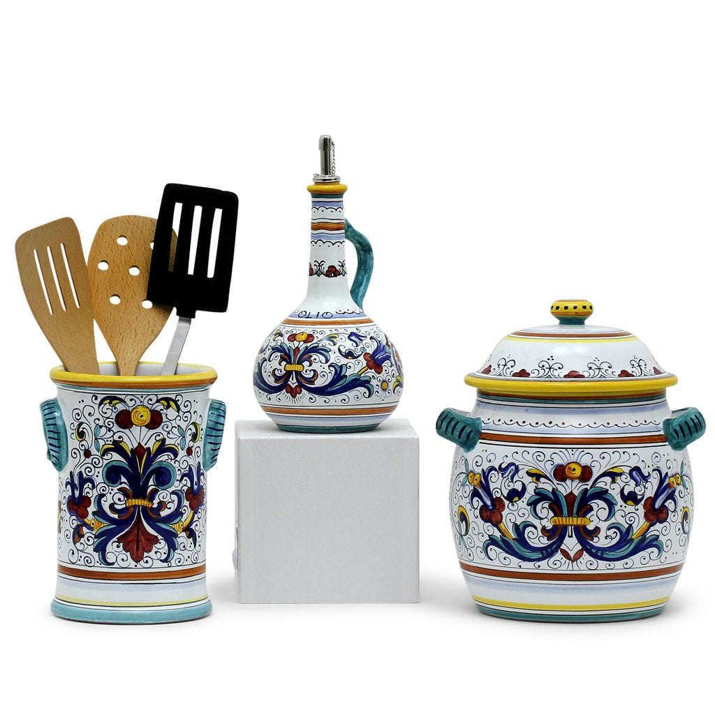 RICCO DERUTA: Bundle with Utensil Holder + Olive Oil Dispenser + Biscotti Jar - artisticaitalian.com