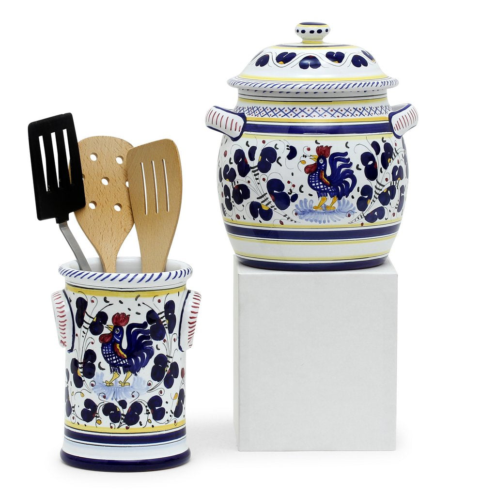 ORVIETO BLUE ROOSTER: Bundle with Utensil Holder + Biscotti Jar - artisticaitalian.com