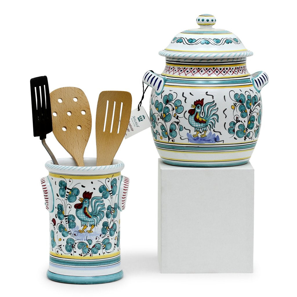 ORVIETO GREEN ROOSTER: Bundle with Utensil Holder + Biscotti Jar - artisticaitalian.com