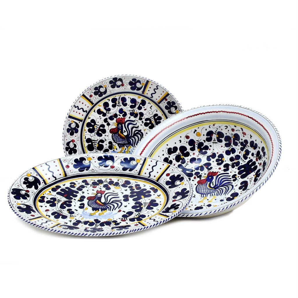 ORVIETO BLUE ROOSTER: Serving Set Charger + Salad Pasta Bowl + Oval Platter - artisticaitalian.com