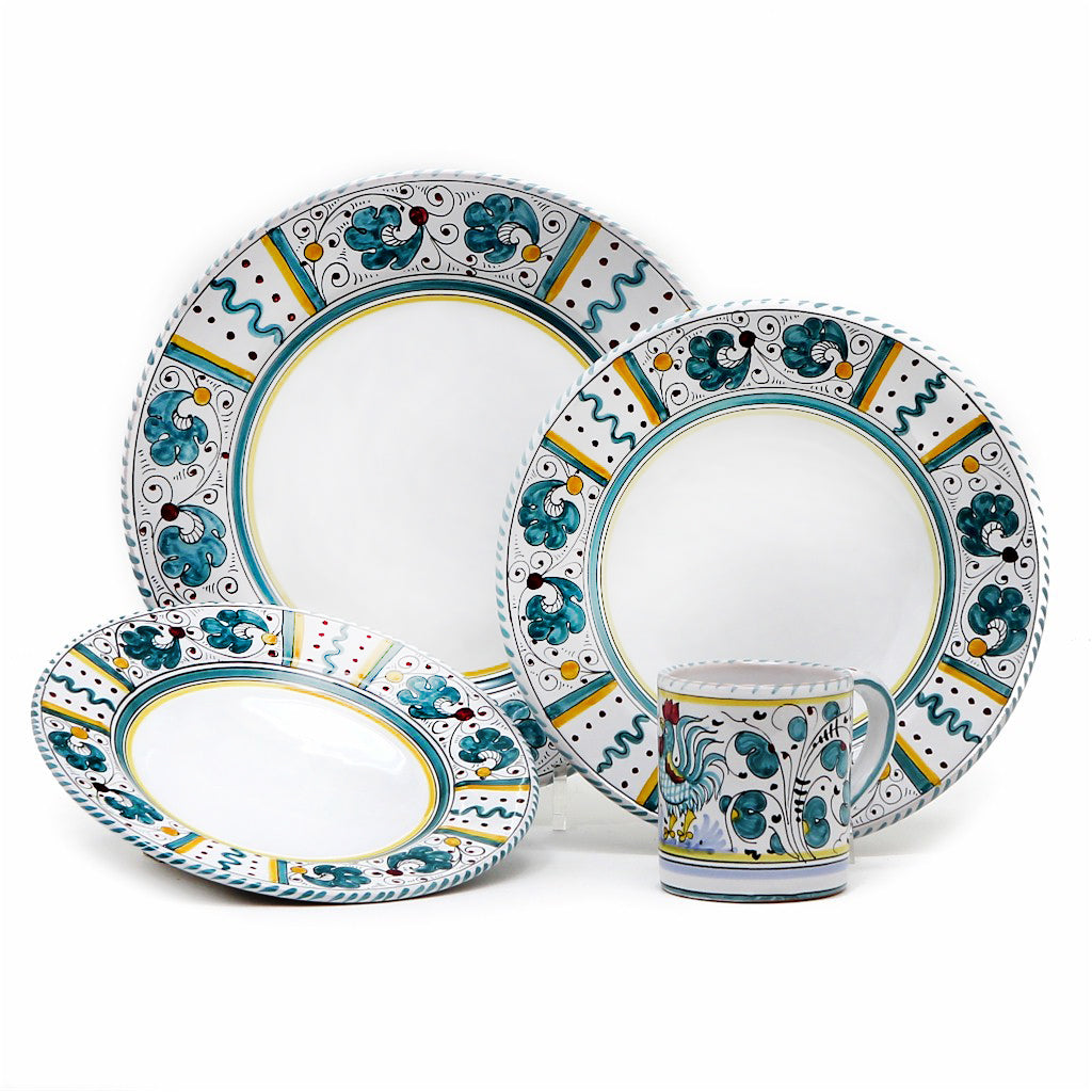 ORVIETO GREEN ROOSTER: 4 Pieces Place Setting - White center - artisticaitalian.com