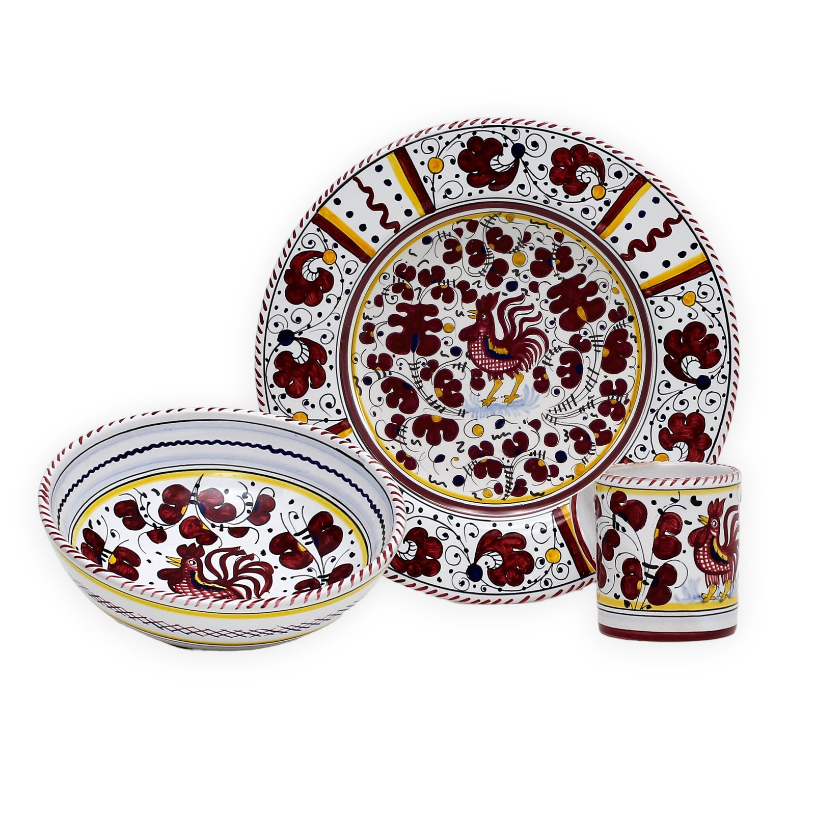 ORVIETO RED ROOSTER: Pre Pack Dinner Plate + Coupe Bowl + Mug - artisticaitalian.com