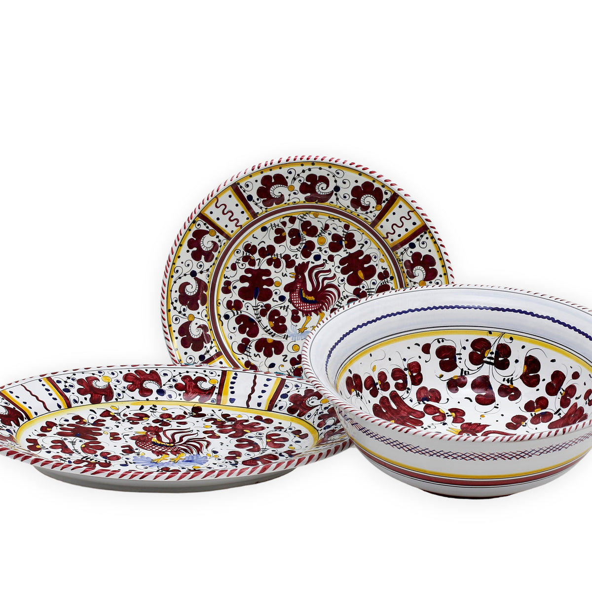 ORVIETO RED ROOSTER: Serving Set Charger + Salad Pasta Bowl + Oval Platter - artisticaitalian.com