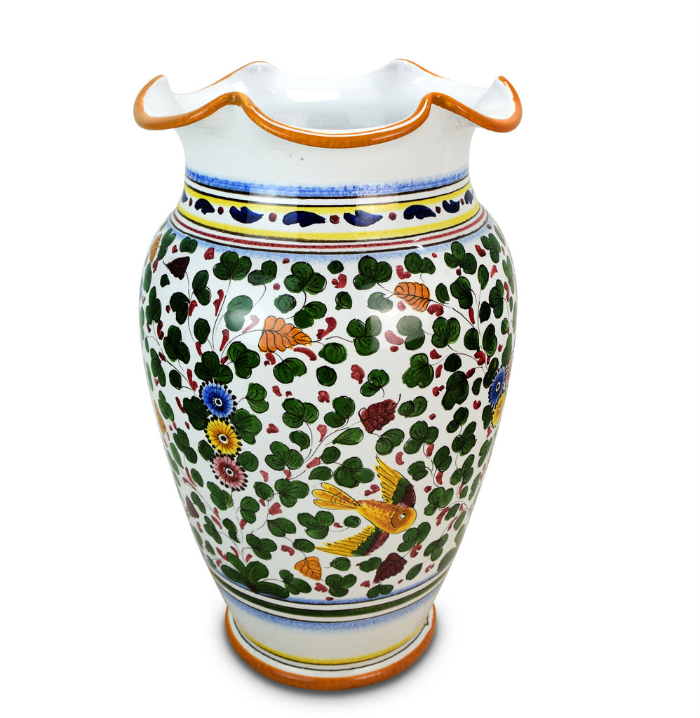 CERAMIC-ARTISTICA: Deruta Fluted Rim Shaped Umbrella Stand Vase ARABESCO VERDE Design. - artisticaitalian.com