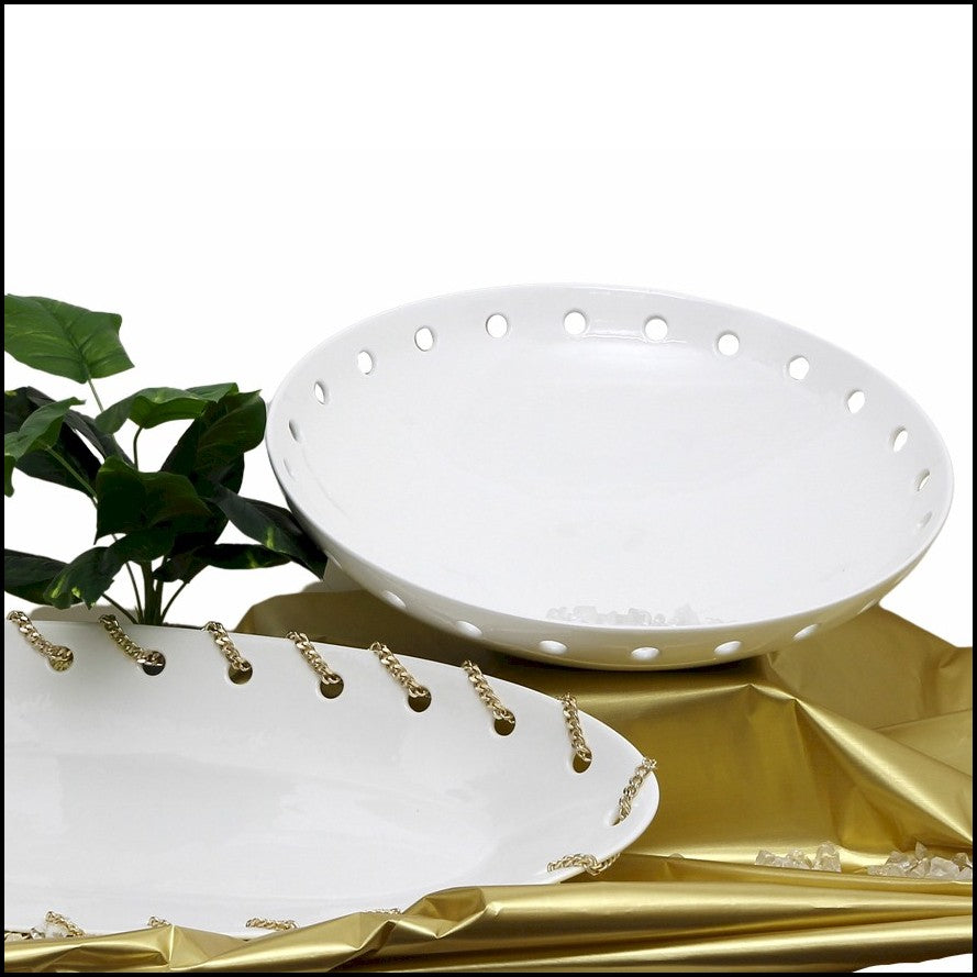 PURITY GLAMOUR: Large Oval Tray Centerpiece - Pure White with Gold Chain - artisticaitalian.com