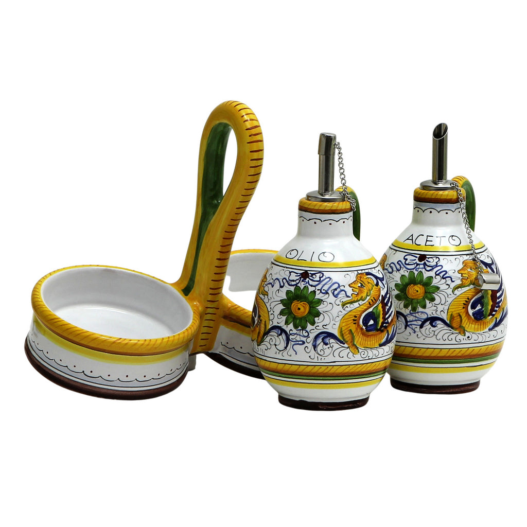 RAFFAELLESCO DELUXE: Oil and Vinegar cruets set with caddy - artisticaitalian.com