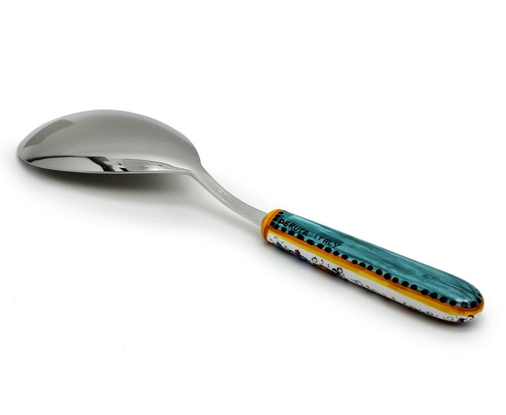 RAFFAELLESCO DELUXE: Ceramic Handle Spaghetti Tong and Risotto Spoon Ladle SET with 18/10 stainless steel cutlery. - artisticaitalian.com