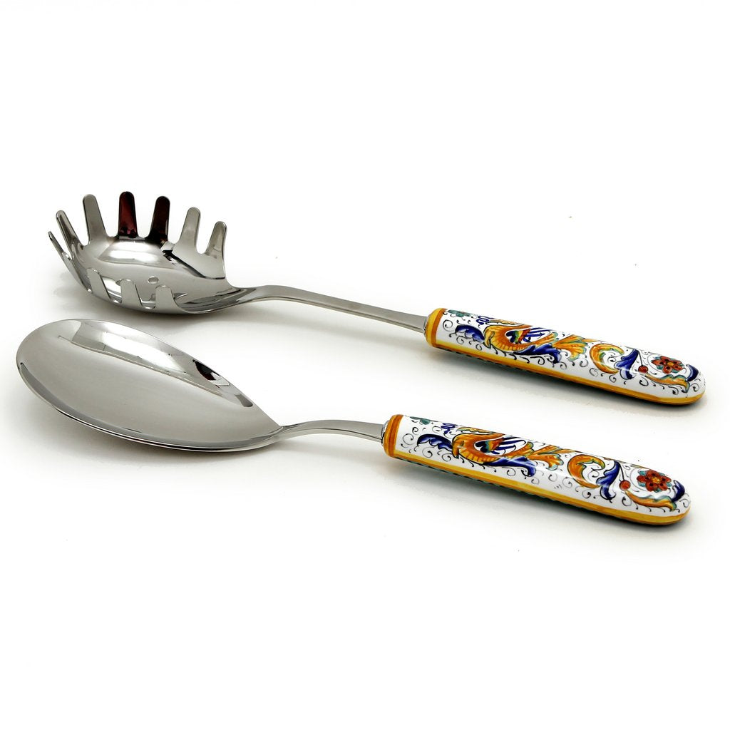 RAFFAELLESCO DELUXE: Ceramic Handle Spaghetti Tong and Risotto Spoon Ladle SET with 18/10 stainless steel cutlery. - artisticaitalian.com