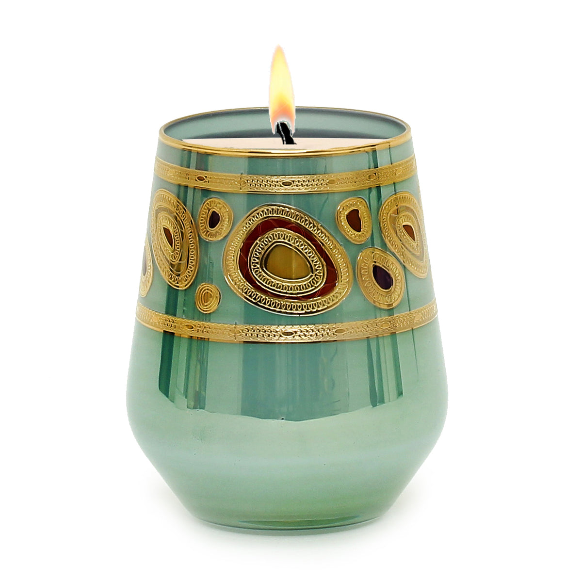 CRYSTAL CANDLES: Regalia Design Luxury Glass Candle with 14 Carats Gold finish - Aqua Green color (12 Oz) - artisticaitalian.com