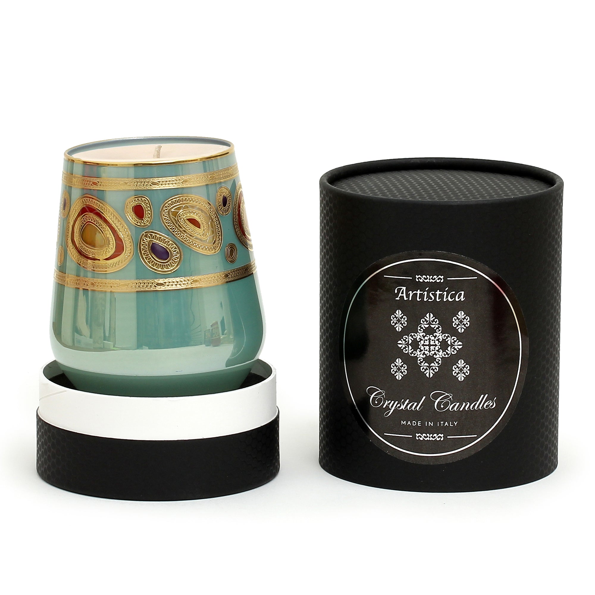 CRYSTAL CANDLES: Regalia Design Luxury Glass Candle with 14 Carats Gold finish - Aqua Green color (12 Oz) - artisticaitalian.com