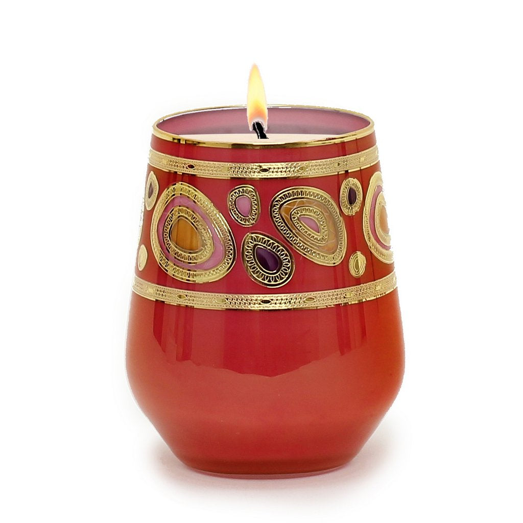 CRYSTAL CANDLES: Regalia Design Luxury Glass Candle with 14 Carats Gold finish - Orange-Red color (12 Oz) - artisticaitalian.com