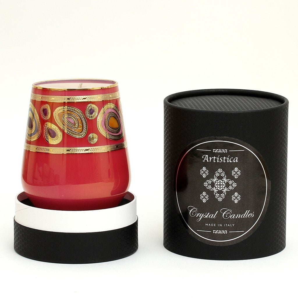 CRYSTAL CANDLES: Regalia Design Luxury Glass Candle with 14 Carats Gold finish - Orange-Red color (12 Oz) - artisticaitalian.com