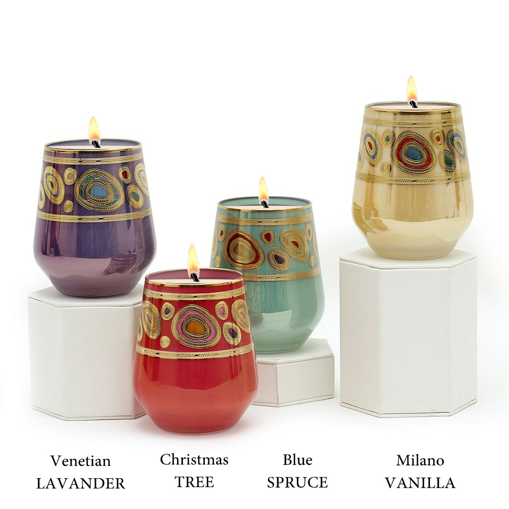 CRYSTAL CANDLES: Regalia Design Luxury Glass Candle with 14 Carats Gold finish - Aqua Green color (12 Oz) - artisticaitalian.com