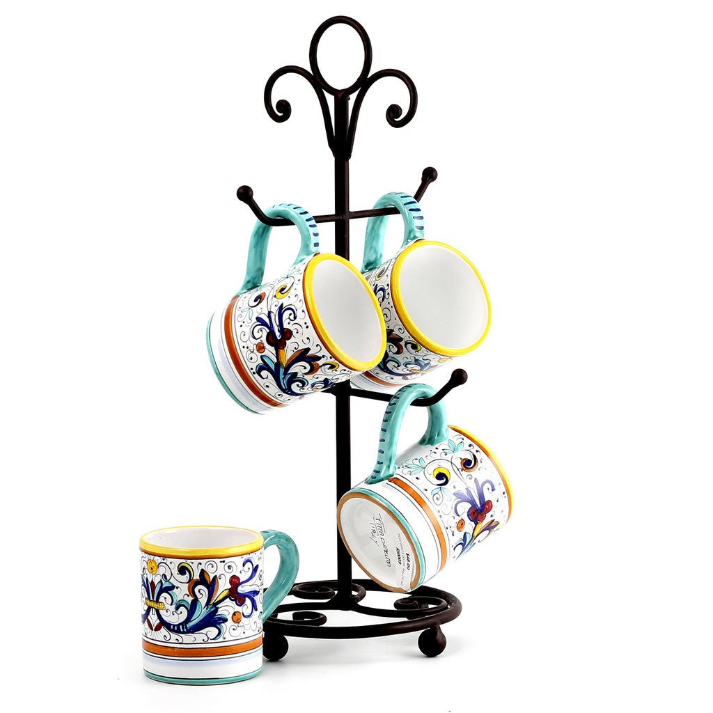 DERUTA MUGS SET: 4 Mugs as shown and wrought iron four arms mug stand tree (RI0009x4.55464-TRI) - artisticaitalian.com