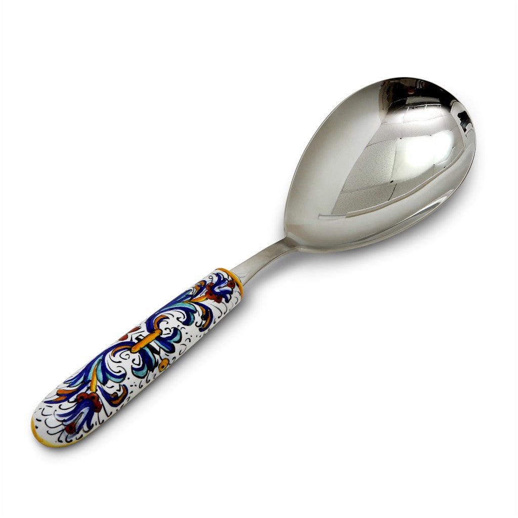 RICCO DERUTA DELUXE: Ceramic Handle Spaghetti Tong and Risotto Spoon Ladle SET with 18/10 stainless steel cutlery. - artisticaitalian.com