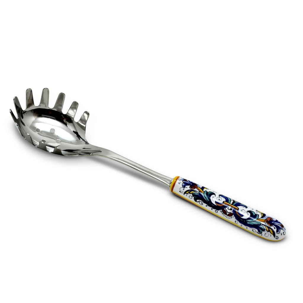 RICCO DERUTA DELUXE: Ceramic Handle Spaghetti Tong and Risotto Spoon Ladle SET with 18/10 stainless steel cutlery. - artisticaitalian.com