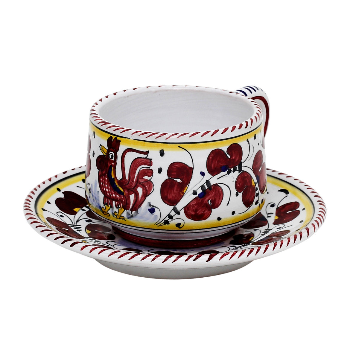 ORVIETO RED ROOSTER: Cup and Saucer [STRIPED RIM] - artisticaitalian.com