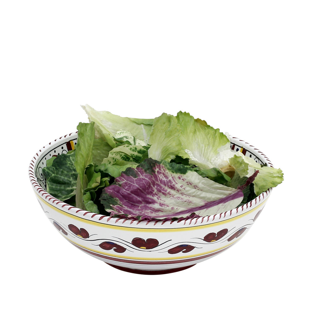 ORVIETO RED ROOSTER: Salad Bowl (Medium) [STRIPED RIM] - artisticaitalian.com