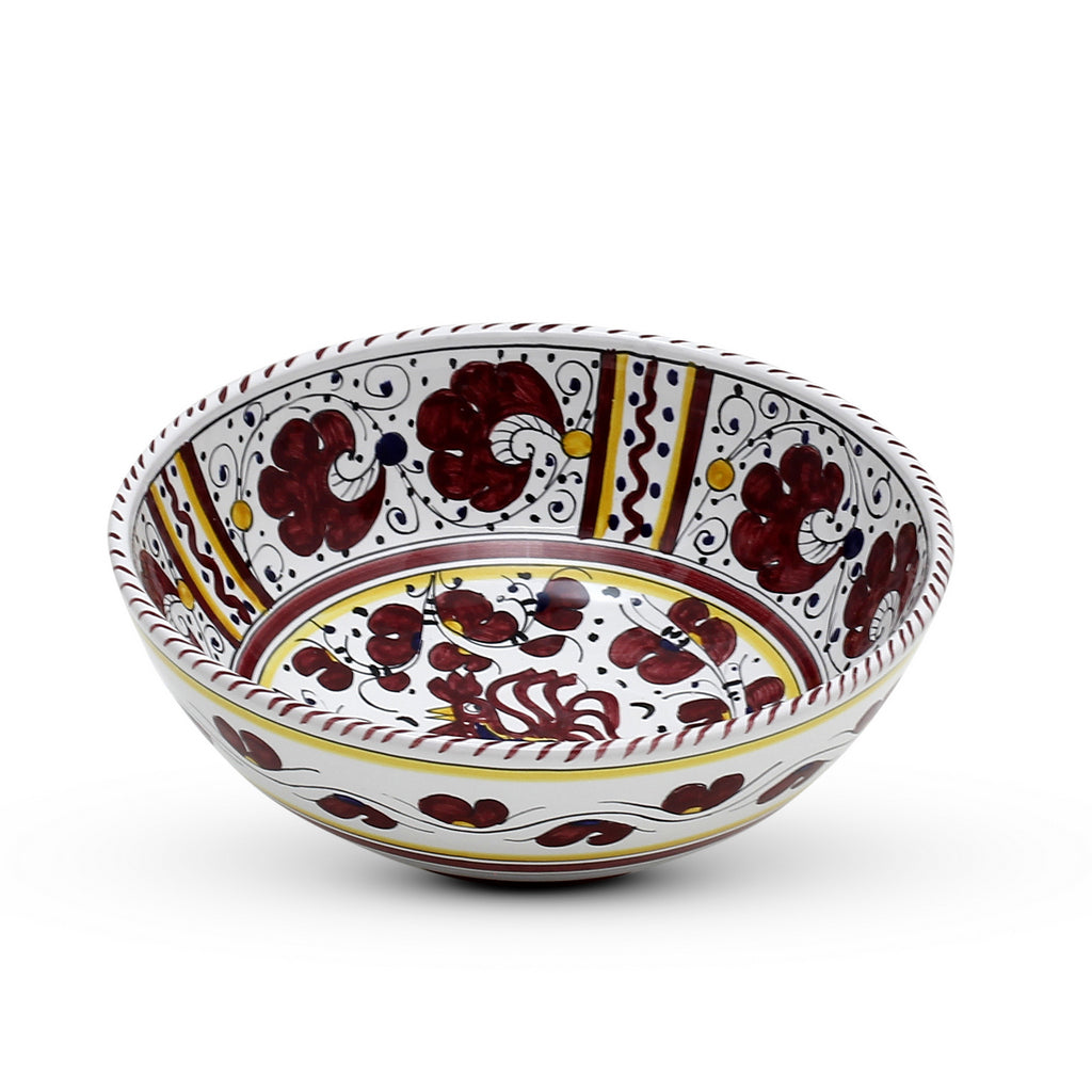 ORVIETO RED ROOSTER: Salad Bowl (Medium) [STRIPED RIM] - artisticaitalian.com