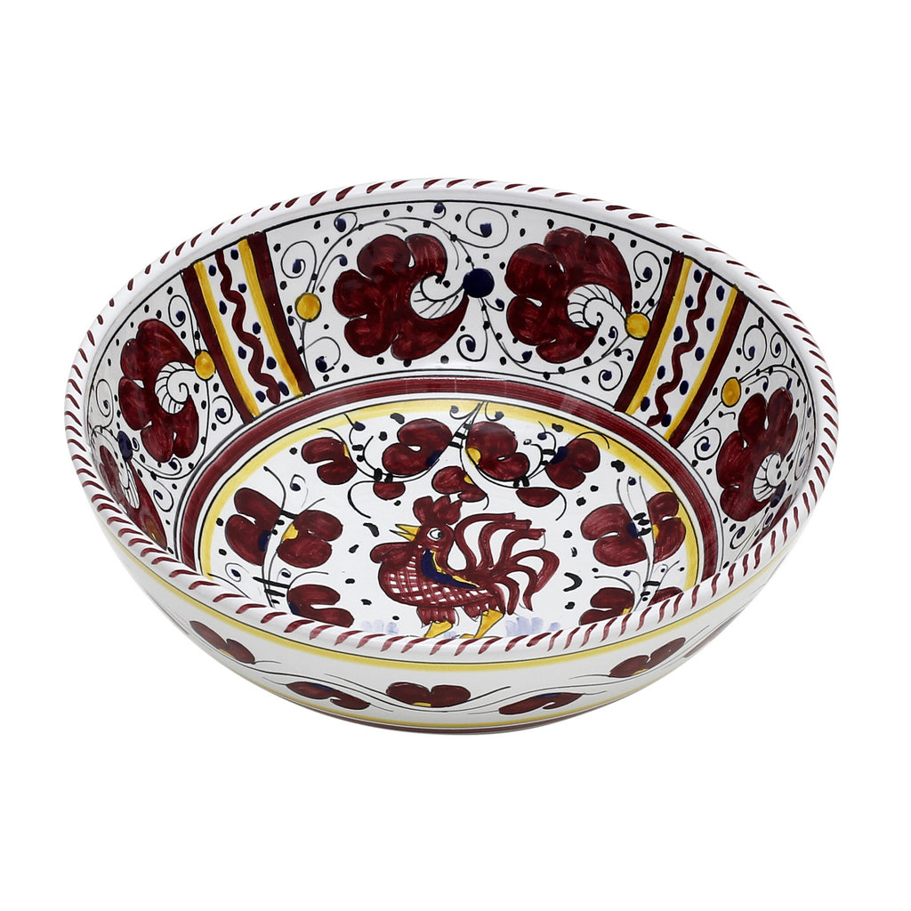 ORVIETO RED ROOSTER: Salad Bowl (Medium) [STRIPED RIM] - artisticaitalian.com