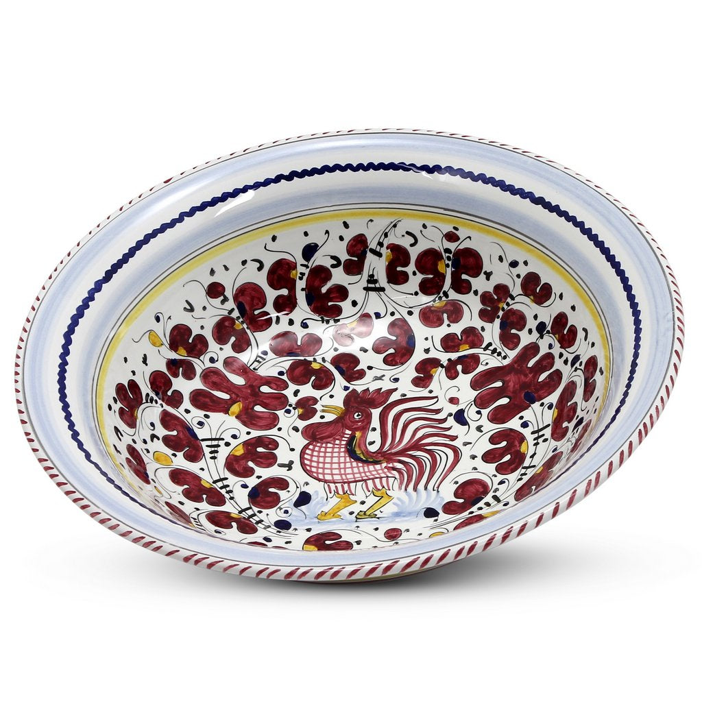 ORVIETO RED ROOSTER: Large Pasta/Salad Serving Bowl [STRIPED RIM] - artisticaitalian.com