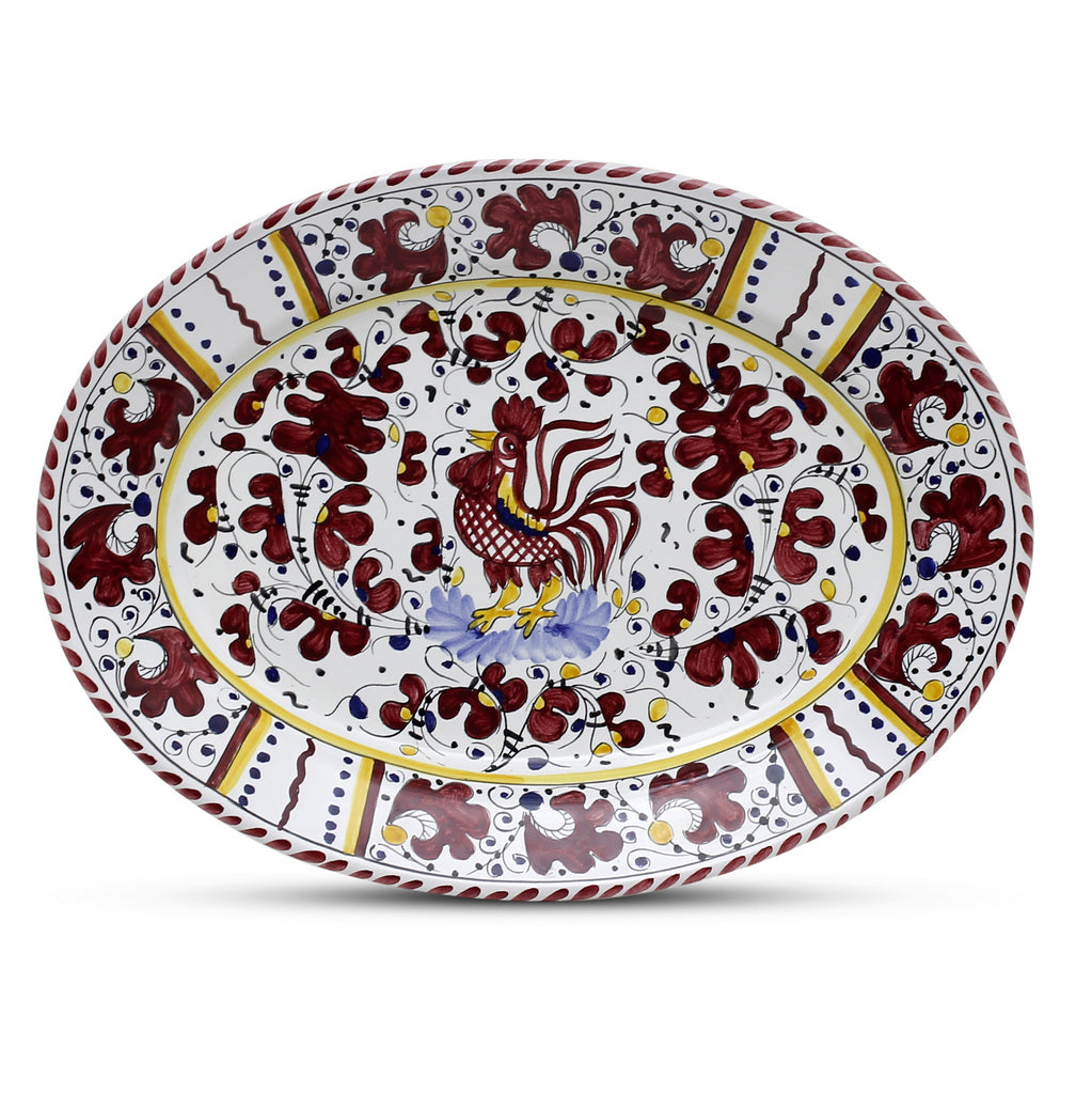 ORVIETO RED ROOSTER: Large Oval Platter [STRIPED RIM] - artisticaitalian.com