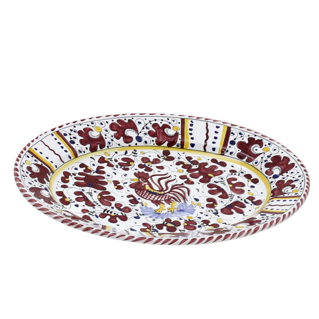 ORVIETO RED ROOSTER: Large Oval Platter [STRIPED RIM] - artisticaitalian.com