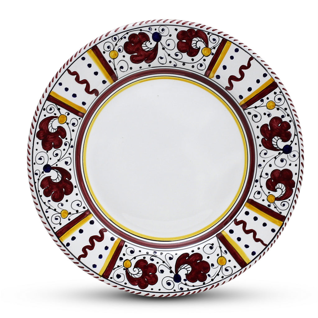 ORVIETO RED ROOSTER: Dinner Plate (White Center) [STRIPED RIM] - artisticaitalian.com