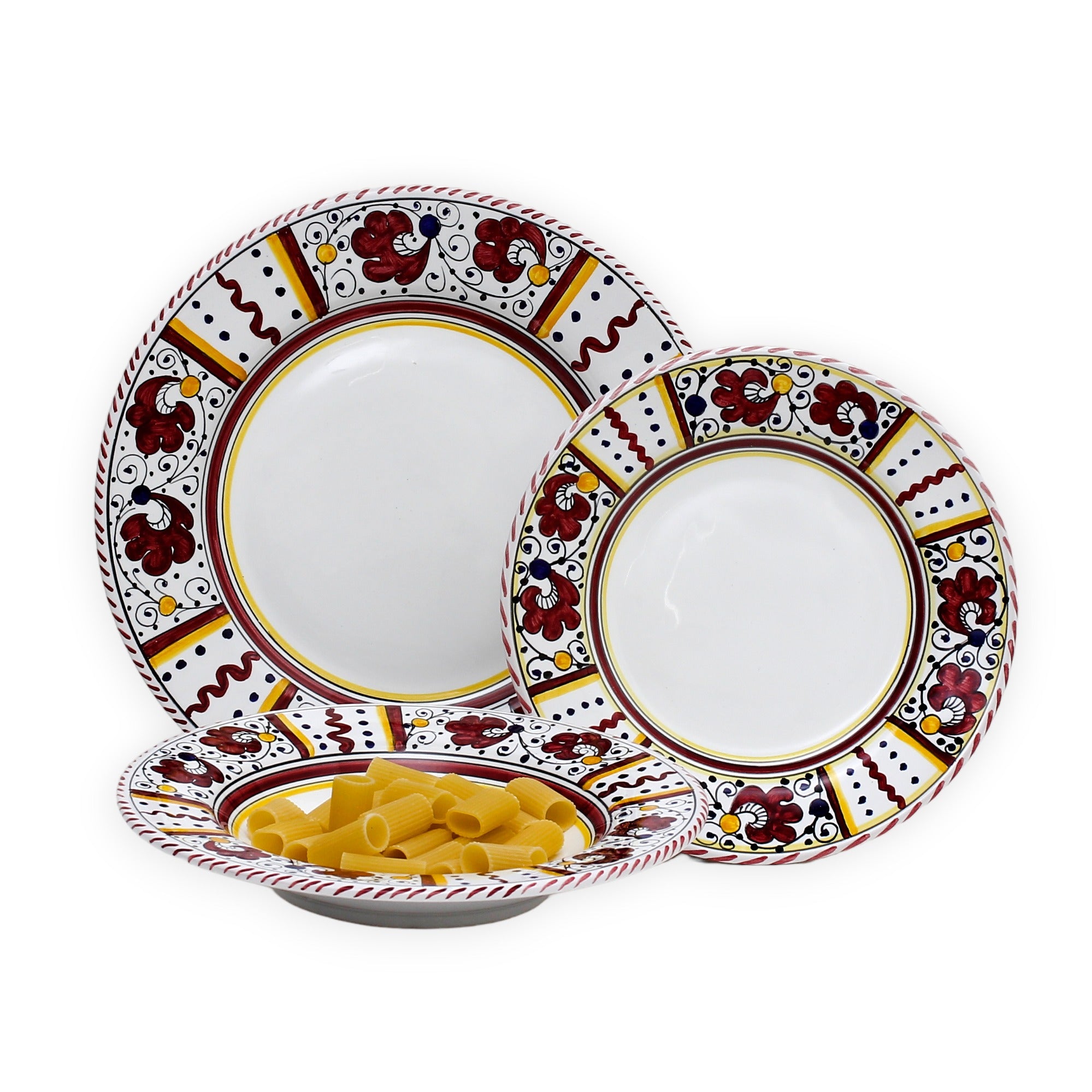 ORVIETO RED ROOSTER: 3 Pieces Dinnerware Place Setting - White Center - artisticaitalian.com