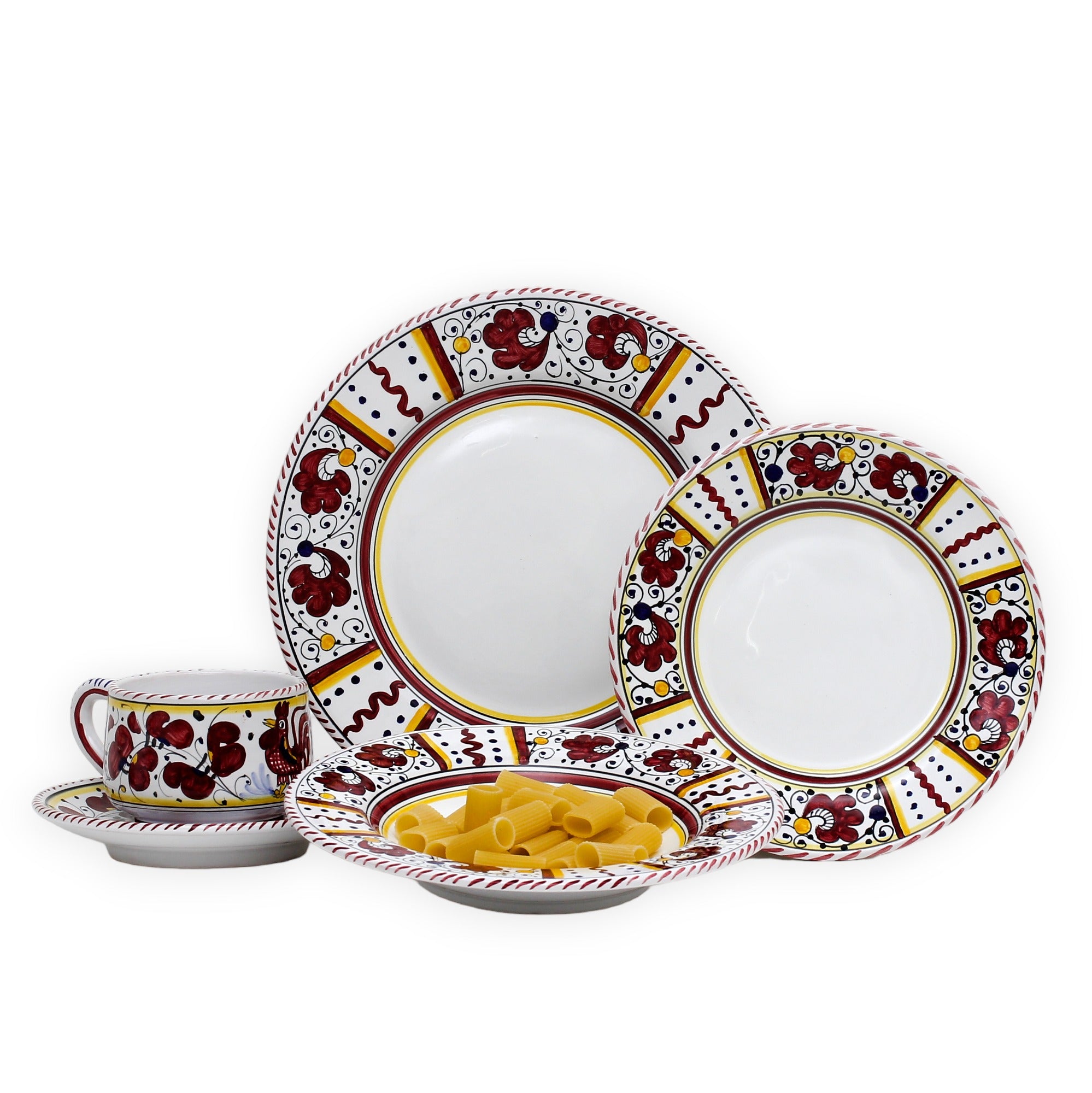 ORVIETO RED ROOSTER: 5 Pieces Dinnerware Place Setting - White Center - artisticaitalian.com