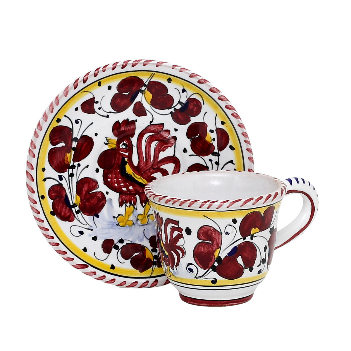 ORVIETO RED ROOSTER: Espresso cup and Saucer [STRIPED RIM] - artisticaitalian.com