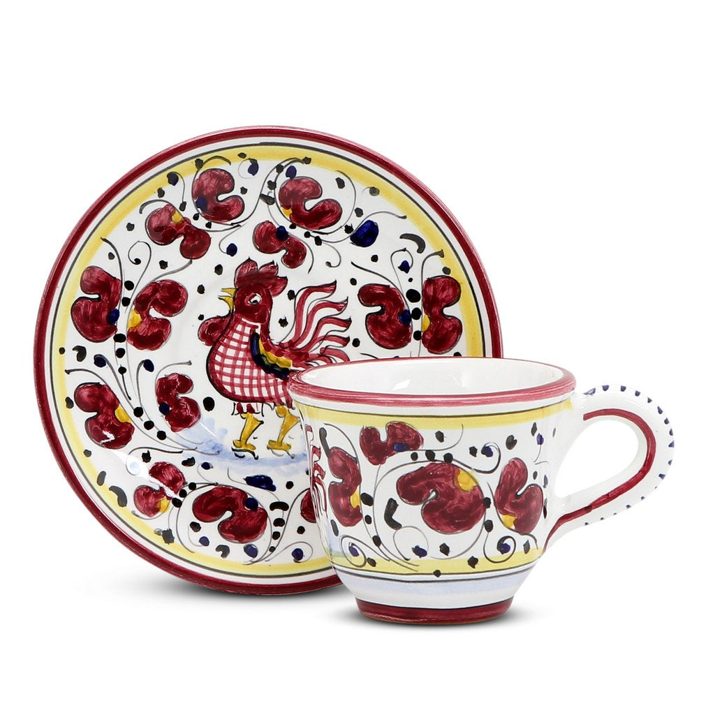 GIFT BOX: DeLuxe Glossy Red Gift Box with two Deruta Espresso Cup and Saucer and a Spoon Rest - artisticaitalian.com