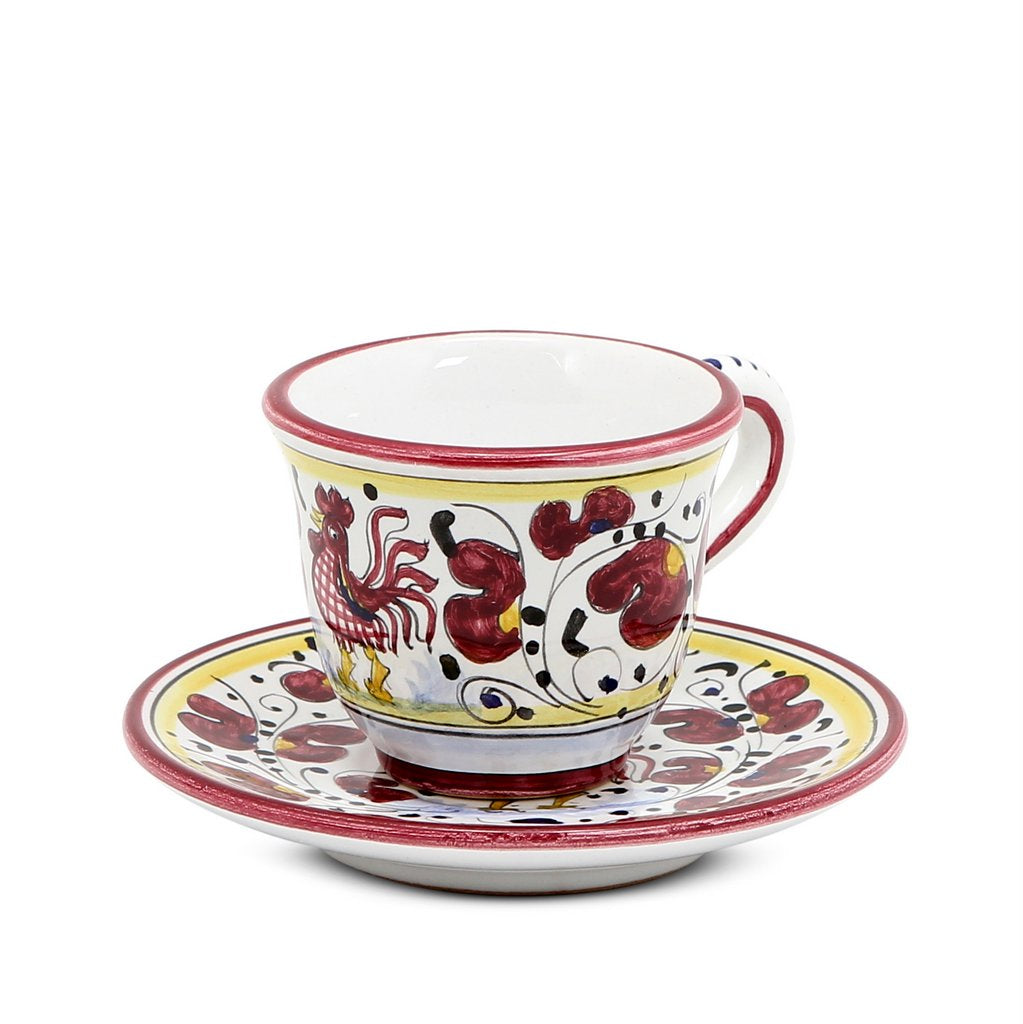 GIFT BOX: DeLuxe Glossy Red Gift Box with two Deruta Espresso Cup and Saucer and a Spoon Rest - artisticaitalian.com