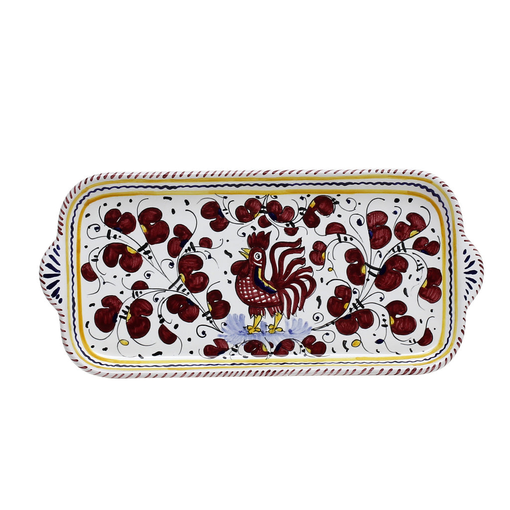 ORVIETO RED ROOSTER: Rectangular Tray [STRIPED RIM] - artisticaitalian.com