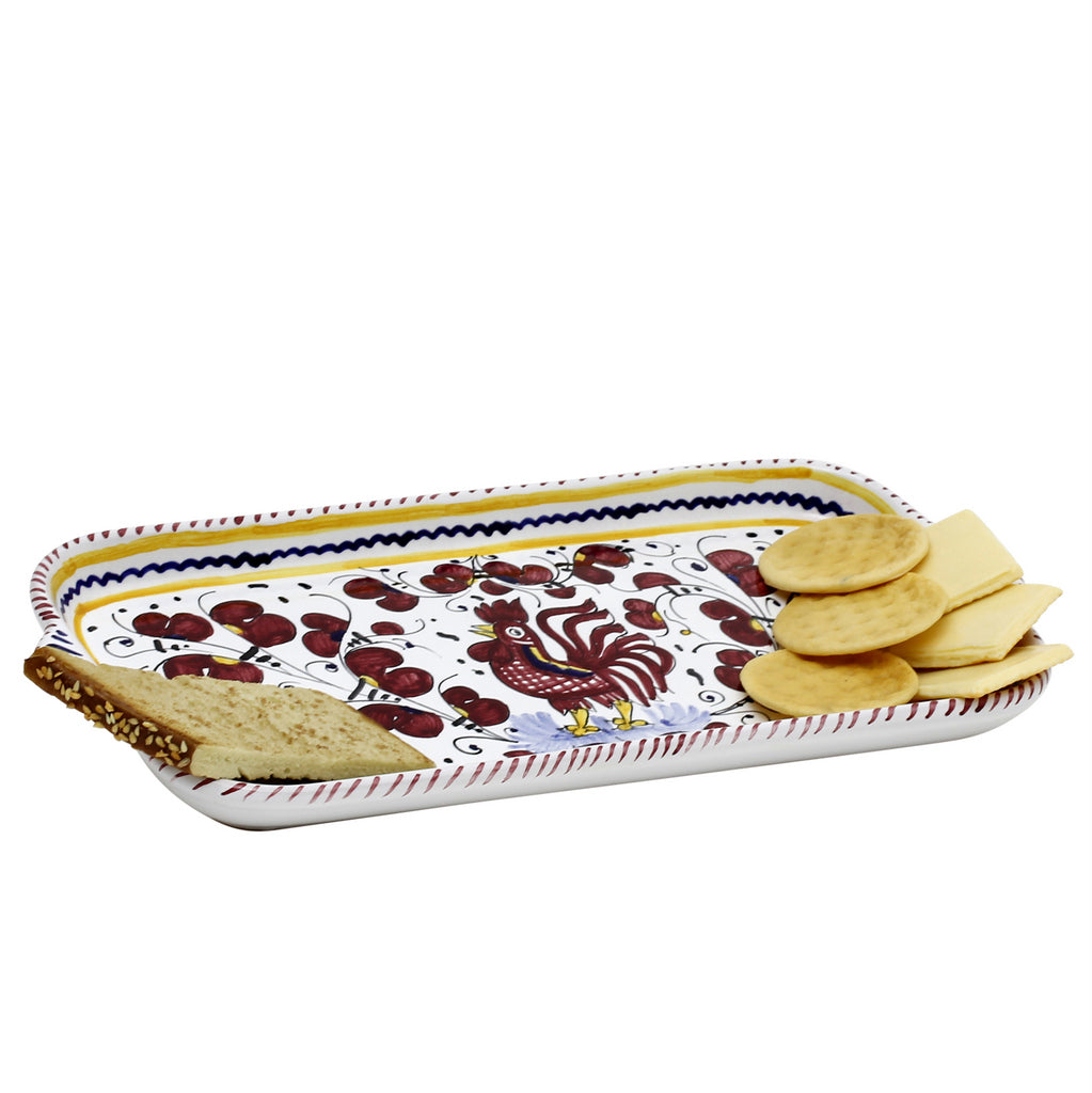 ORVIETO RED ROOSTER: Rectangular Tray [STRIPED RIM] - artisticaitalian.com