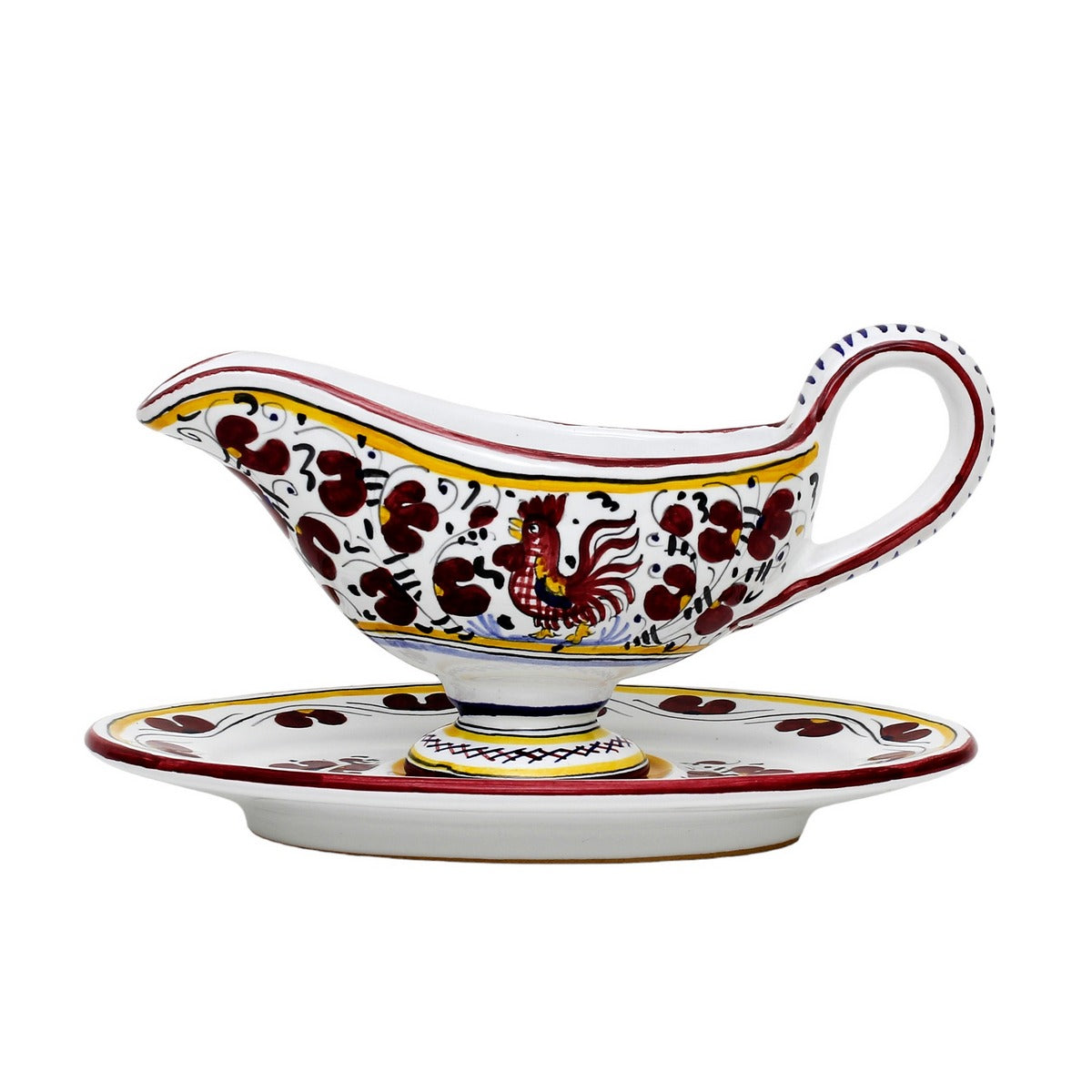 ORVIETO RED ROOSTER: Gravy Sauce Boat with Tray [R] - artisticaitalian.com