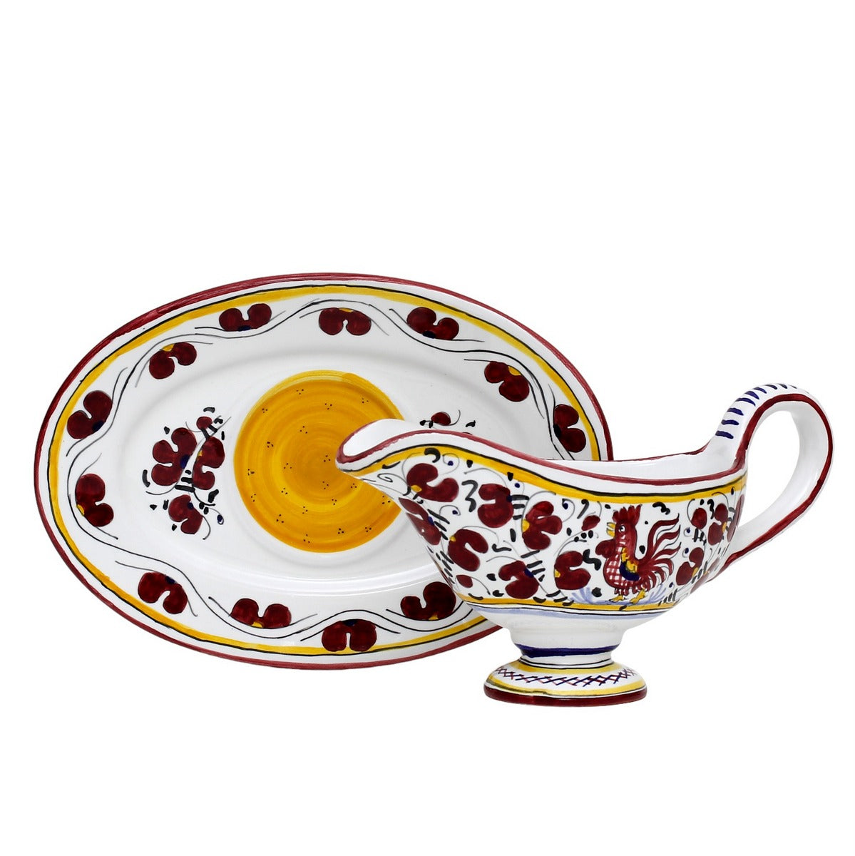 ORVIETO RED ROOSTER: Gravy Sauce Boat with Tray [R] - artisticaitalian.com